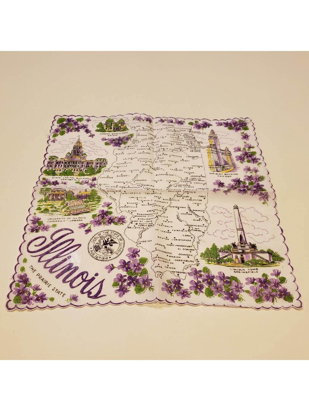 Vintage Franshaw Handkerchief Illinois State Souvenir Hanky Map Purple Floral